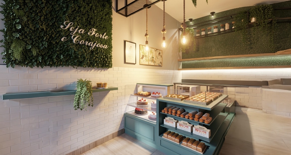 Confeitaria com vitrines refrigeradas, azulejos brancos e jardim vertical