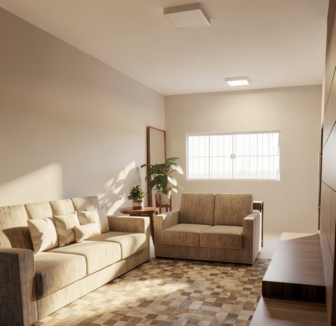 Sala de estar: sofá de três lugares com almofadas e luz natural na parede