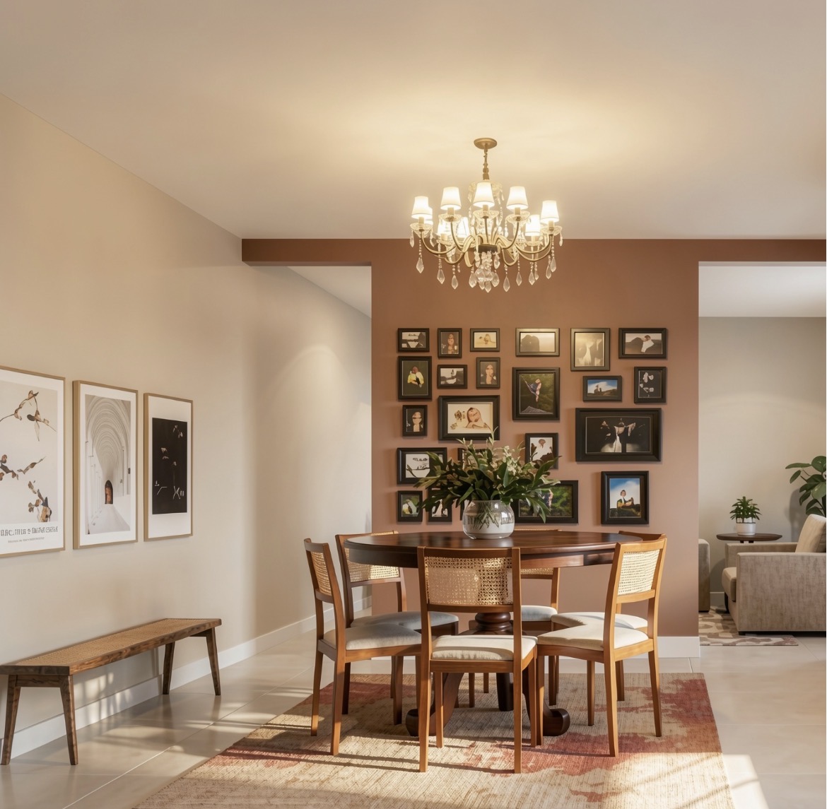 Projeto da sala de jantar: mesa redonda, cadeiras de vime e parede terracota