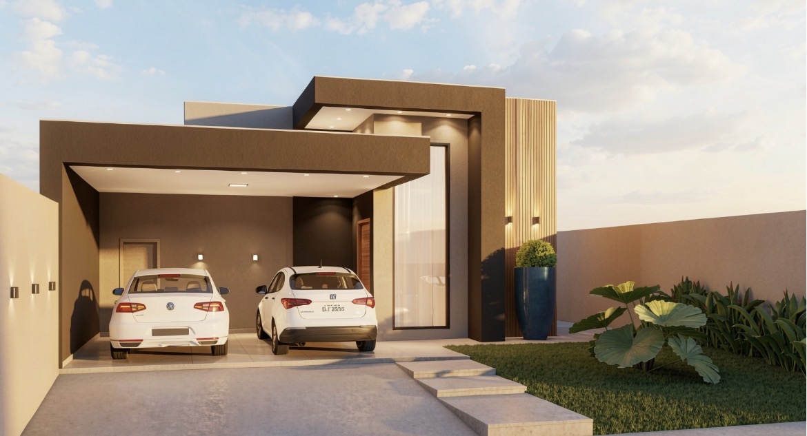 Projeto de fachada com garagem para dois carros e jardim